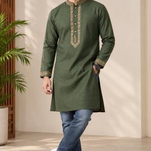 Embroidered Panjabi – Deep Olive Green