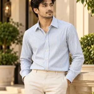AARMIR Premium Cotton Striped Shirt – Sky Blue & White