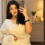 Premium Ivory Off-White Tangail Katan Saree with Golden Woven Design