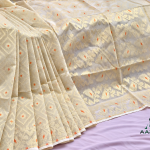 Premium Ivory Off-White Tangail Katan Saree with Golden Woven Design