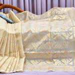 Premium Ivory Off-White Tangail Katan Saree with Golden Woven Design